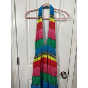 Alice + Olivia Rainbow Striped Halter Maxi Dress Smocked Tiered Boho Size  4